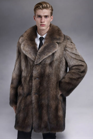 Camel Notched Lapel Thick Faux Fur Long Men's Coat